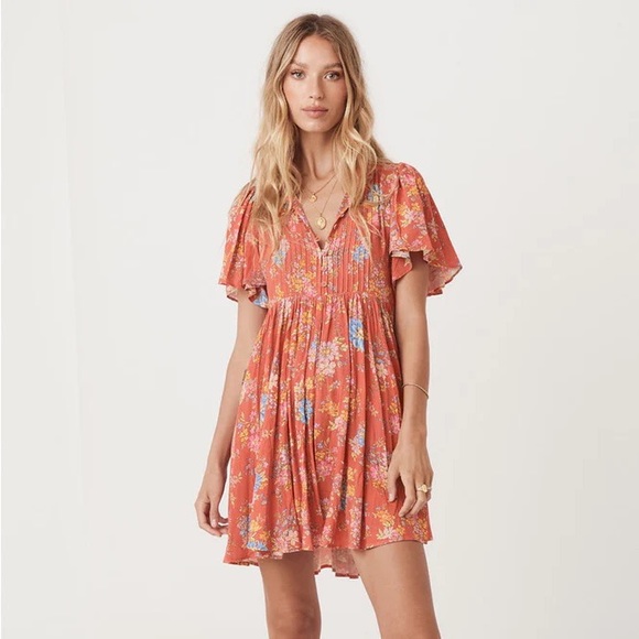 Spell and the Gypsy Meadowland Flutter Sleeve Mini Dress Poppy - Picture 1 of 4